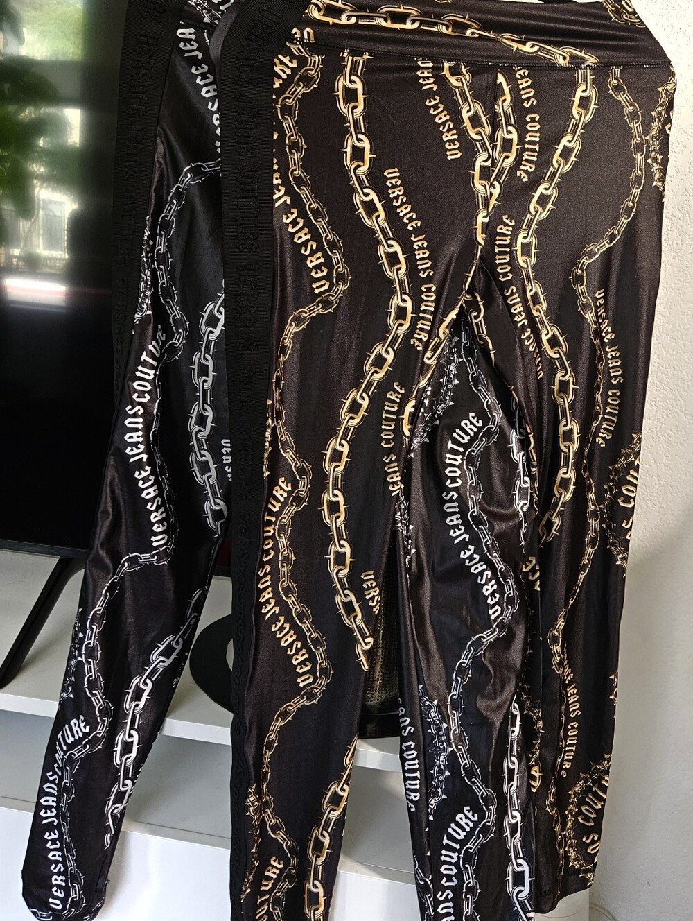 Versace Leggings Two Pairw/Gold & Silver Chain Motif Sz 6 Versace Jeans Couture - Picture 1 of 7